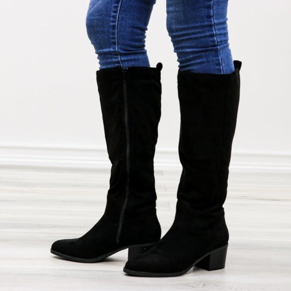 Pointy Toe Below The Knee Black Boots Faux Suede - Picture 8 of 11